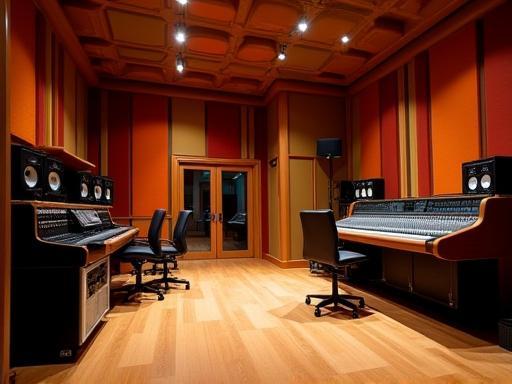 Interior view of Estúdio Melodia's professional recording suite with a mixing console and instruments